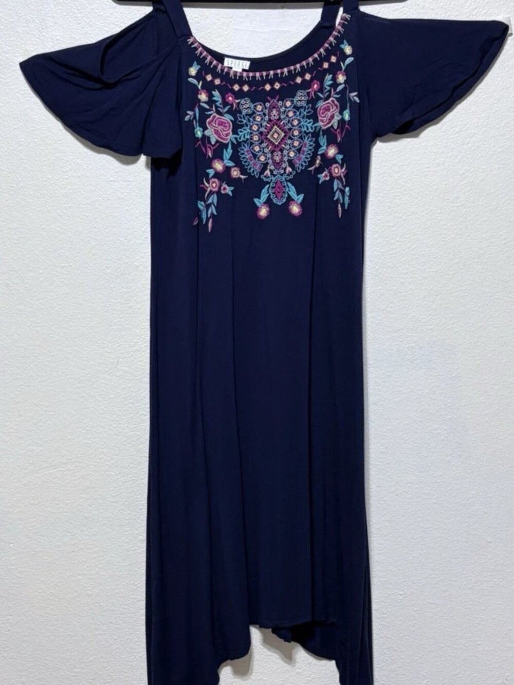 Spense embroidered festival boho cold-shoulder handkerchief-hem dress Blue Sz L